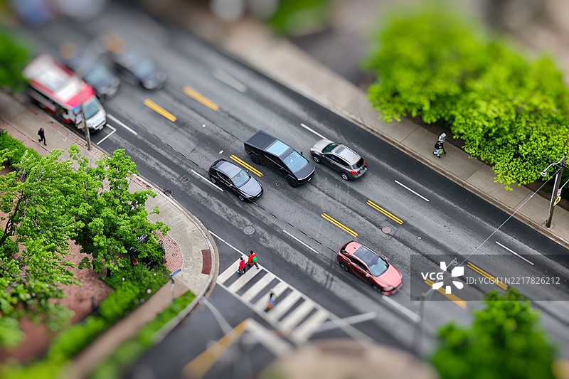 微缩小镇的春季交通。倾斜移位摄影图片素材