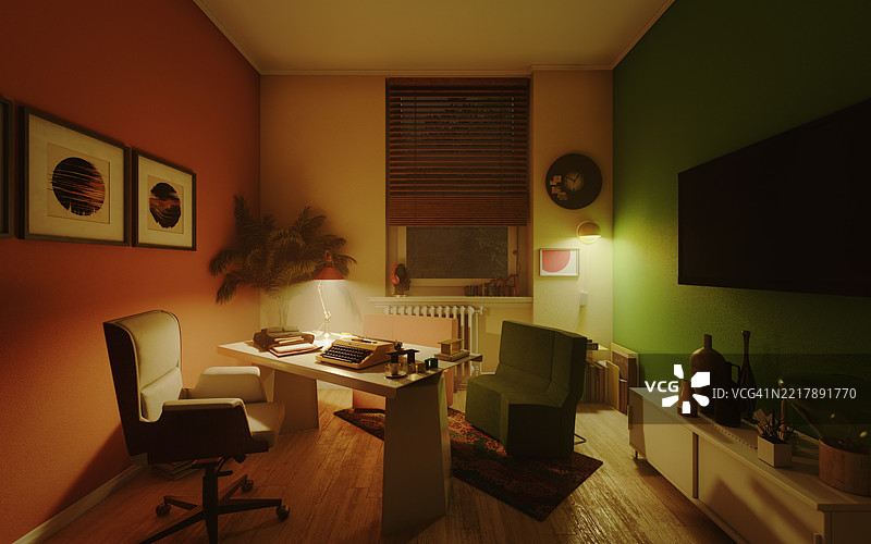 情绪复古的家庭办公室，温暖的晚间灯光照亮图片素材