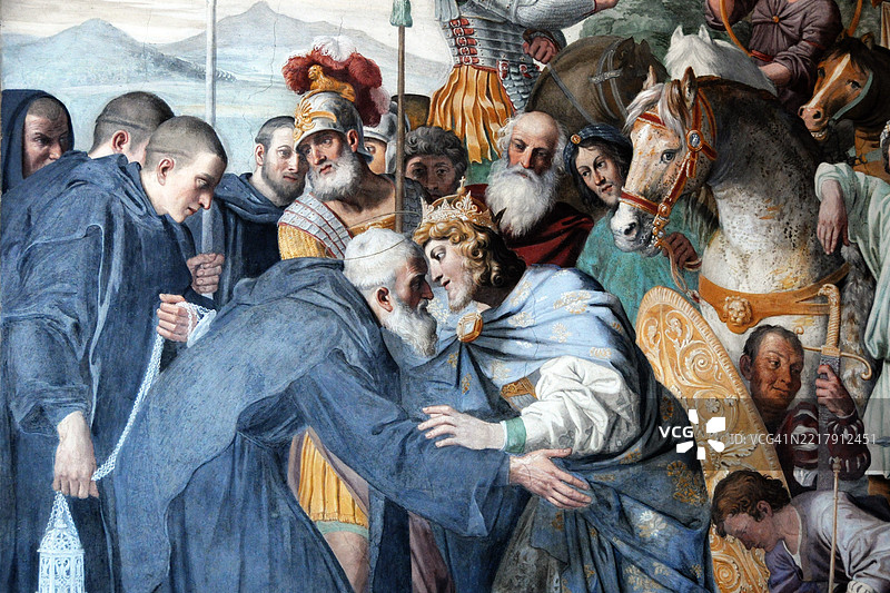 圣尼禄在罗马附近的格罗塔费拉塔圣尼禄修道院的圣创始人礼拜堂中的故事 - 细节2图片素材