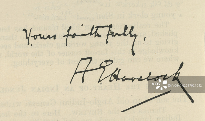 亚瑟·埃利班克·哈夫洛克爵士的签名（1844年5月7日 - 1908年6月25日），是一位职业英国殖民地总督，曾于1880年担任塞拉利昂总督，之后担任纳塔尔、马德拉斯和1890年至1895年期间的锡兰总督。图片素材