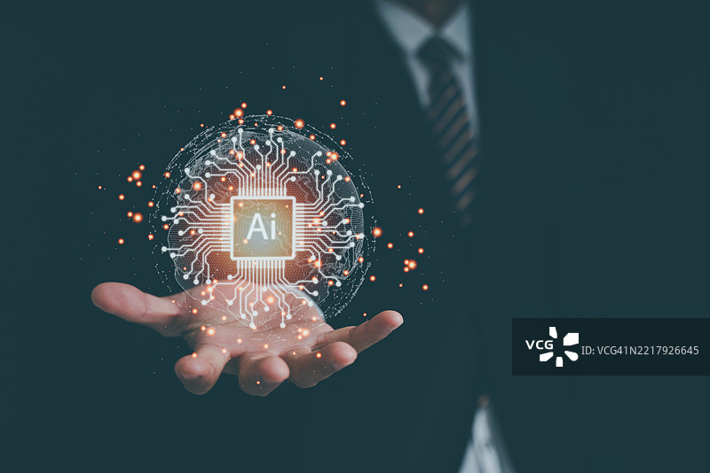 男人的手握着一个虚拟地球，象征着互联网连接、元宇宙、商业科技、数字营销和金融银行，背景为黑色。图片素材