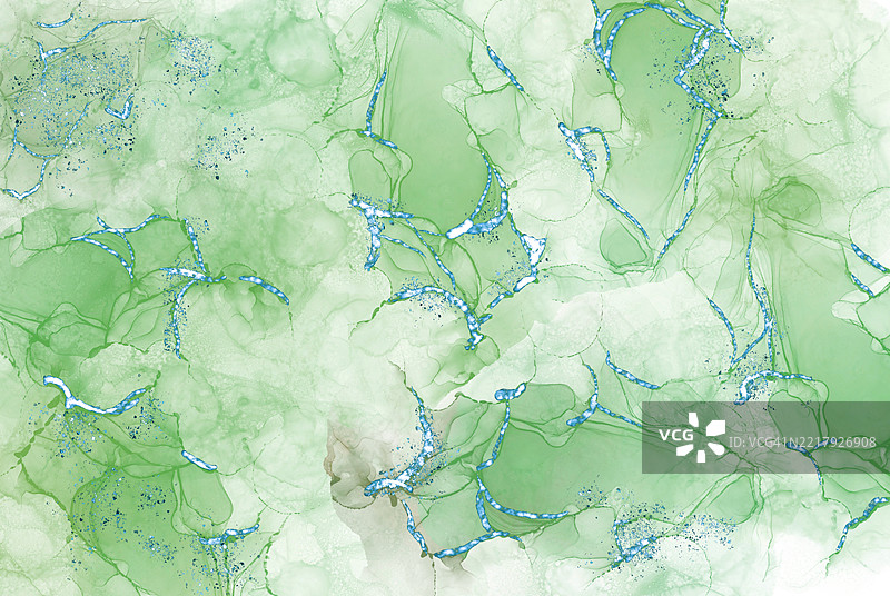 酒精墨水艺术抽象绿色和蓝色背景图片素材