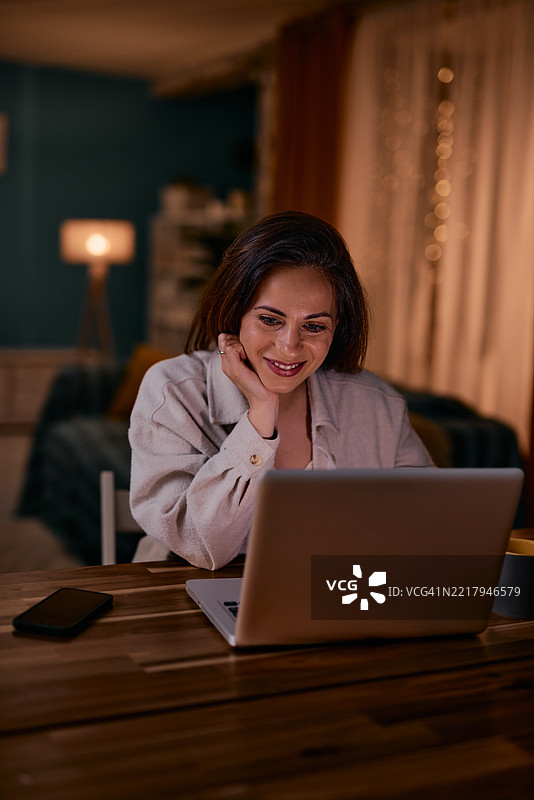微笑的女商人在家里熬夜使用笔记本电脑工作图片素材