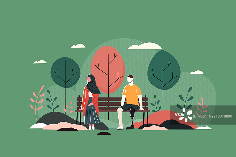 一幅包容性的插图，描绘了一位坐在美丽公共花园中的残疾男性，他有一条假肢，旁边是一位穆斯林女性，他们都是年轻情侣，享受着宁静放松的时光。图片素材