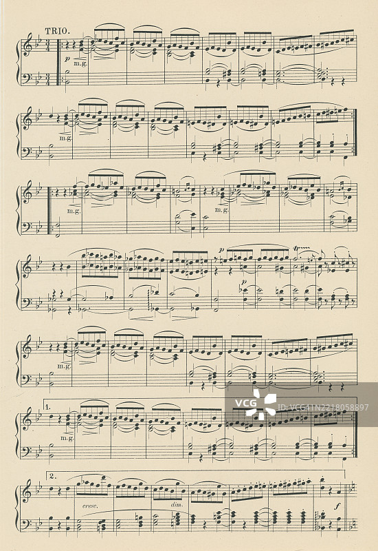 老版雕刻插图，展示了罗伯特·舒曼（1810年6月8日 - 1856年7月29日）创作的《浪漫曲与小步舞曲》（D大调交响曲中的一部分）的乐谱，他是早期浪漫主义时期的德国作曲家、钢琴家和音乐评论家。图片素材