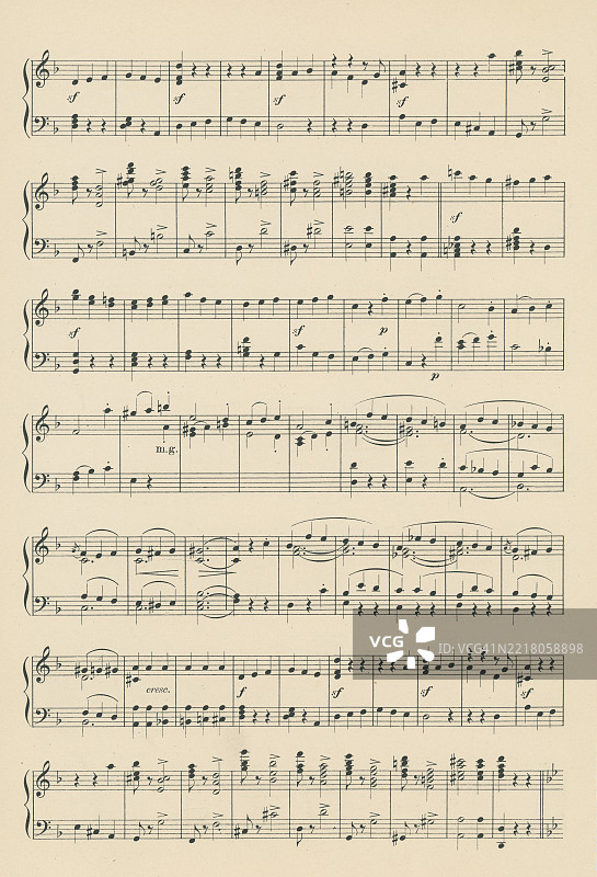 老版雕刻插图，展示了罗伯特·舒曼（1810年6月8日 - 1856年7月29日）创作的《浪漫曲与小步舞曲》（D大调交响曲中的一部分）的乐谱，他是早期浪漫主义时期的德国作曲家、钢琴家和音乐评论家。图片素材