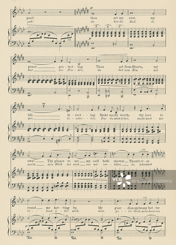 老版雕刻插图，展示罗伯特·舒曼的《献身》（Widmung）乐谱（这首乐曲是舒曼在他们的婚礼当天为妻子创作的）图片素材