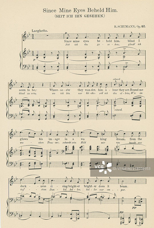 老版雕刻插图，展示了罗伯特·舒曼（1810年6月8日 - 1856年7月29日）创作的《自从我的眼睛见到他》作品的乐谱，他是早期浪漫主义时期的德国作曲家、钢琴家和音乐评论家。图片素材