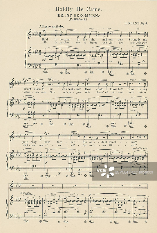 老版雕刻插图，展示了罗伯特·弗朗茨（1815年6月28日 - 1892年10月24日）创作的《他来了》（Boldly he came）的乐谱，弗朗茨是一位主要创作歌曲的德国作曲家。图片素材