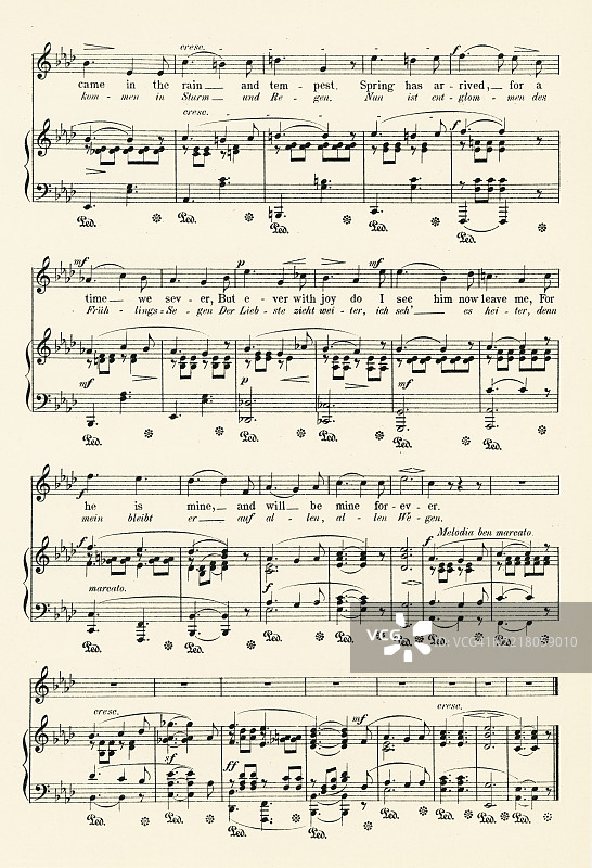 老版雕刻插图，展示了罗伯特·弗朗茨（1815年6月28日 - 1892年10月24日）创作的《他来了》（Boldly he came）的乐谱，弗朗茨是一位主要创作歌曲的德国作曲家。图片素材