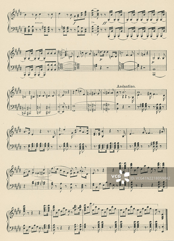 古老的雕刻插图，展示了意大利歌剧《胡格诺教徒》中“剑的祝圣”的乐谱，作曲家为德国歌剧作曲家贾科莫·梅耶贝尔（1791年9月5日 - 1864年5月2日）。图片素材