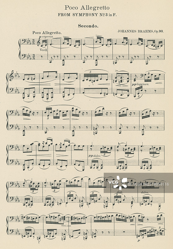 老版雕刻插图，展示了约翰内斯·布拉姆斯（1833年5月7日 - 1897年4月3日）创作的《F大调第三交响曲，作品90》第三乐章“稍快的快板”的乐谱。布拉姆斯是一位德国作曲家、钢琴家和指挥家，活跃于中浪漫主义时期。图片素材