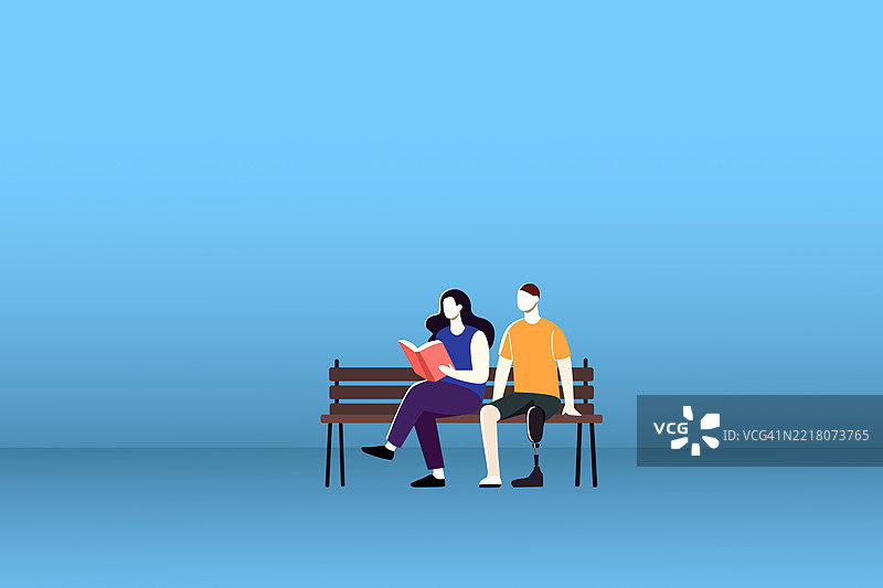 温馨的插图描绘了一位残疾人士与一对恩爱情侣共享宁静时刻，象征着快乐、包容和团结，背景为宁静的蓝色。图片素材