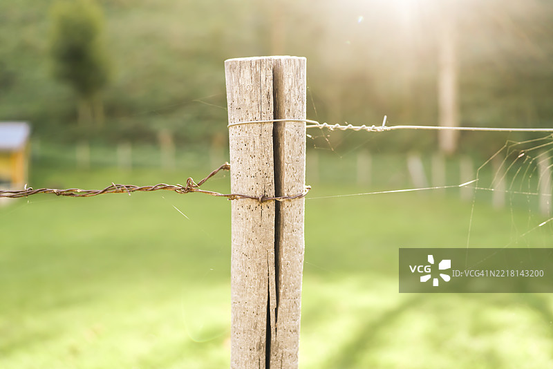 田野中木柱特写，支撑着带刺铁丝网的围栏图片素材