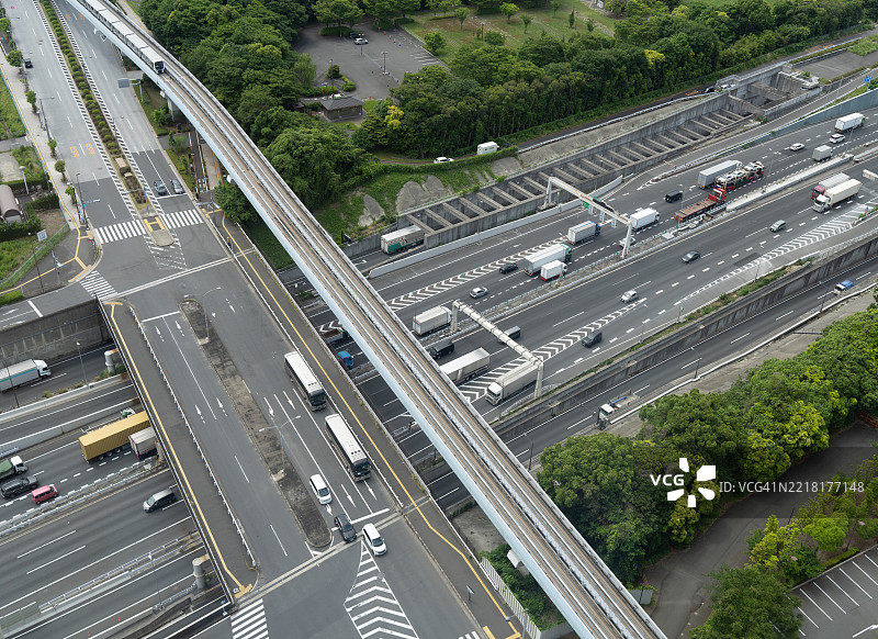 东京高速公路交汇处的空中视角与交通流动图片素材