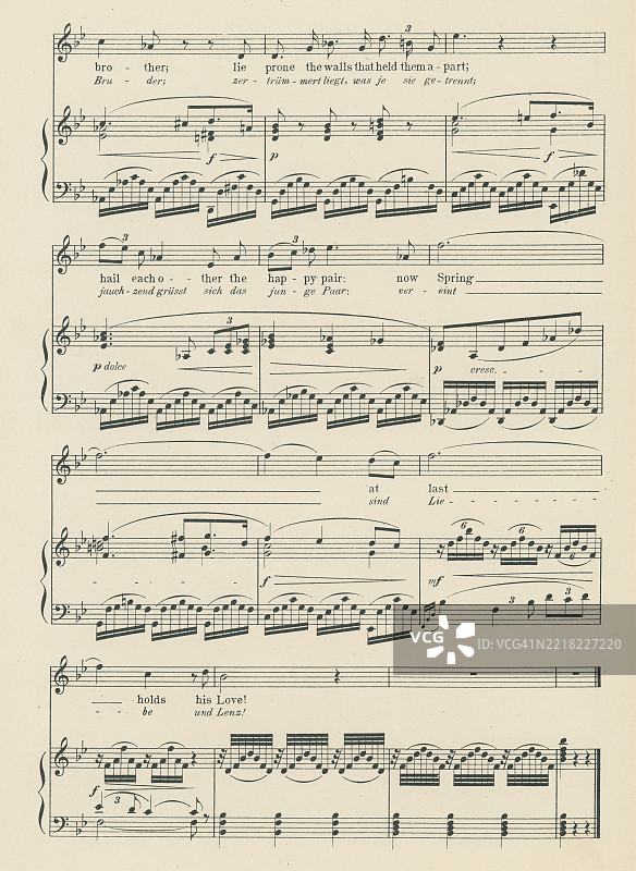 老式雕刻插图，展示了《女武神》中的《春之歌》乐谱。《女武神》是理查德·瓦格纳的四部史诗音乐剧《尼伯龙根的指环》中的第二部。图片素材