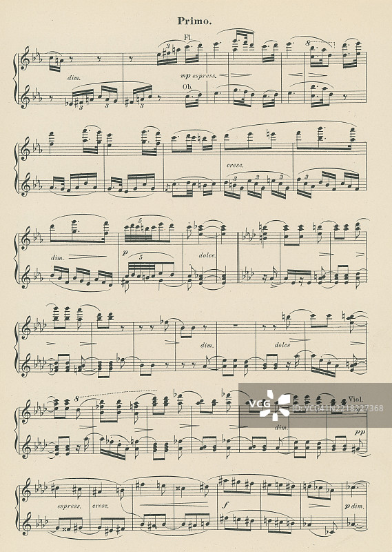 老版雕刻插图，展示了约翰内斯·布拉姆斯（1833年5月7日 - 1897年4月3日）创作的《F大调第三交响曲，作品90》第三乐章“稍快的快板”的乐谱。布拉姆斯是一位德国作曲家、杰出的钢琴家和指挥家，活跃于中期浪漫主义时期。图片素材