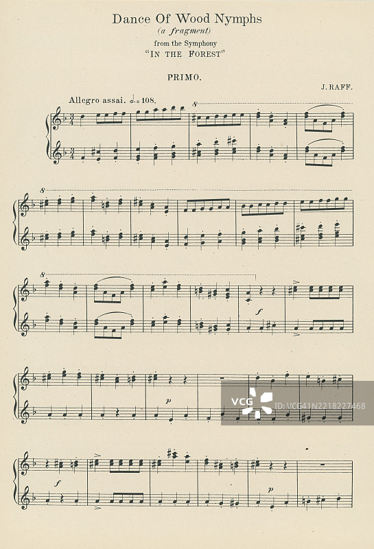 老版雕刻插图，展示了“林中舞”的乐谱片段，来自于约阿希姆·拉夫于1869年创作的F大调第三交响曲“在森林中”，这是他生前最成功和最常演出的作品之一。图片素材
