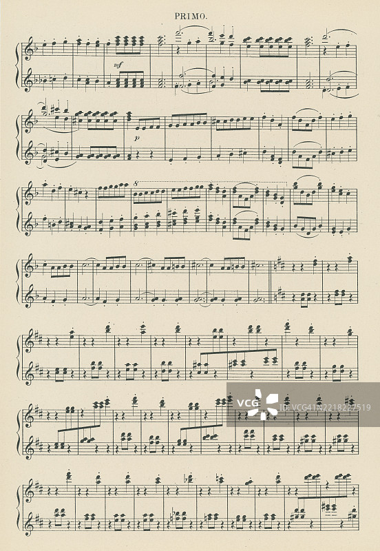 老版雕刻插图，展示了“林中舞者”的乐谱片段，出自于约阿希姆·拉夫于1869年创作的F大调第三交响曲“在森林中”，这是他生前最成功和最常演出的作品之一。图片素材