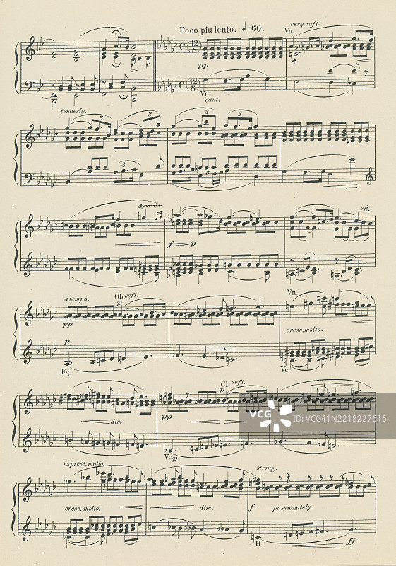 老版雕刻插图，展示了卡尔·戈尔德马克的《乡村婚礼交响曲，作品26》中《在花园里》的乐谱，这是一部E大调的交响曲。卡尔·戈尔德马克（出生于1830年，匈牙利凯斯特黑，逝世于1915年）是一位出生于匈牙利的维也纳作曲家。图片素材