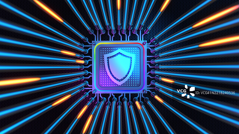 电子量子计算机微芯片与保护图标。互联网安全与隐私网络技术。图片素材