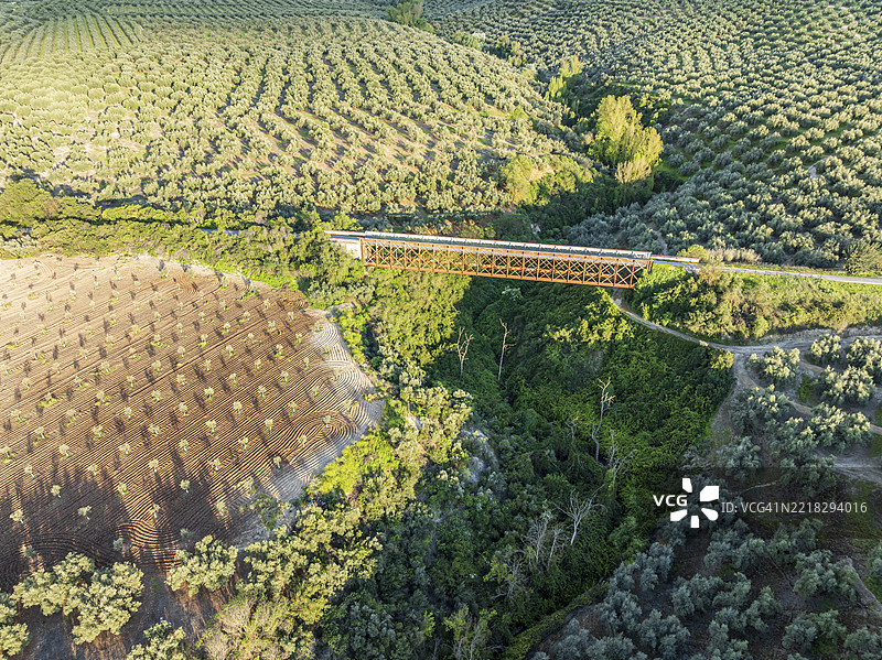 老铁路改建的自行车道Via Verde Del Aceite，跨越桥梁，周围是橄榄田，靠近村庄Cabra，鸟瞰图，西班牙安达卢西亚，欧洲图片素材