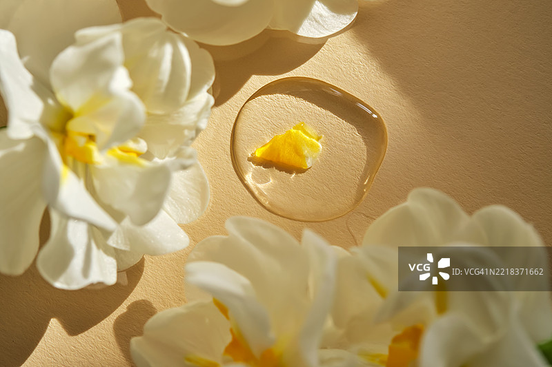 一滴血清在米色背景的白色花朵中。图片素材