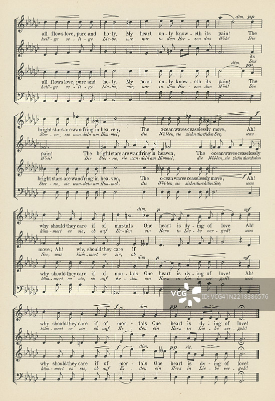 老版雕刻插图，展示了《女武神》中的《春之歌》乐谱。《女武神》是理查德·瓦格纳的四部史诗音乐剧《尼伯龙根的指环》中的第二部。图片素材