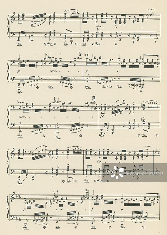 古老的雕刻插图，展示了理查德·瓦格纳的四部史诗音乐剧《尼伯龙根的指环》中的《女神的黄昏》（Götterdämmerung）中的“葬礼进行曲”乐谱。图片素材