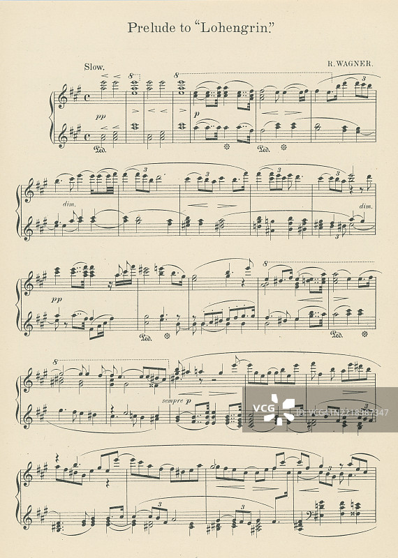 老版雕刻插图，展示了理查德·瓦格纳创作的三幕浪漫歌剧《罗恩格林》的前奏曲乐谱。图片素材