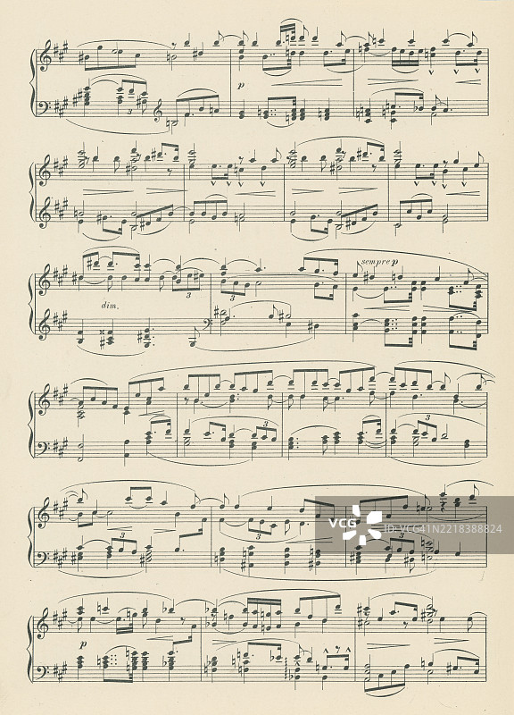 老版雕刻插图，展示了理查德·瓦格纳创作的三幕浪漫歌剧《罗恩格林》的前奏曲乐谱。图片素材