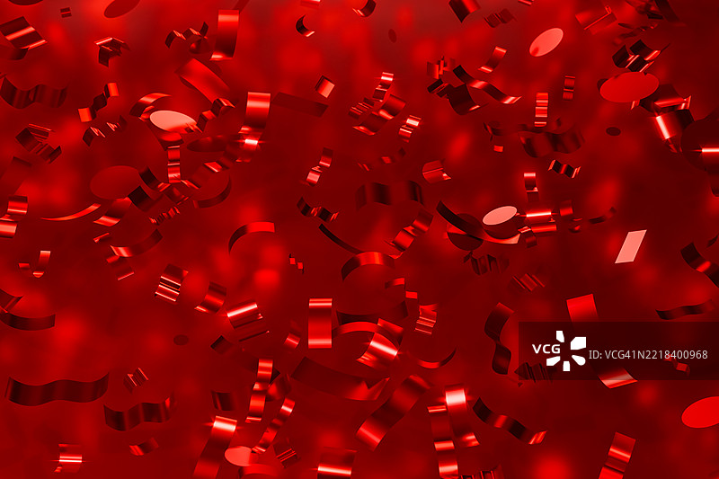 节日气氛浓厚的圣诞背景，完美适用于假日庆祝、派对主题和季节性设计。红色金属闪光纸在发光的红色背景上飘落。3D图案，留有文字位置。圣诞节和新年概念。图片素材