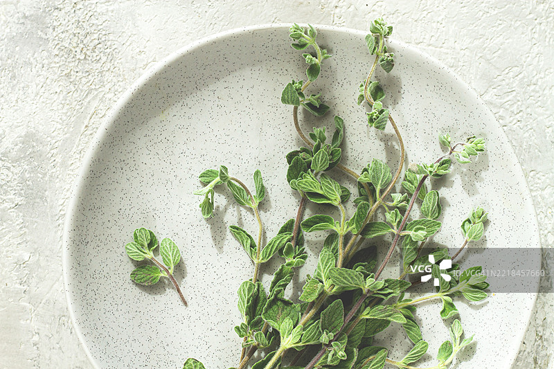 新鲜的牛至枝整齐地摆放在一个乡村风格的盘子上，自然光照，俯视图，无人。图片素材