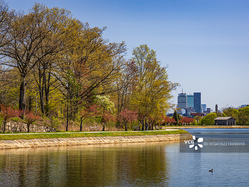 布鲁克莱恩水库的风景，背景是波士顿天际线，美国图片素材