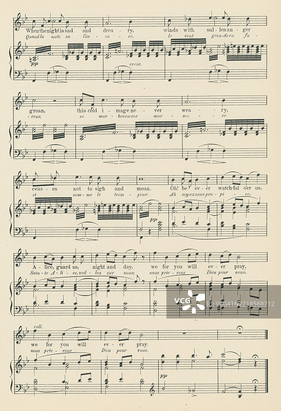 老版雕刻插图，展示了《巴拉德》的乐谱，这是法国作曲家费尔迪南·埃罗尔德（1791年1月28日 - 1833年1月19日）创作的三幕歌剧《赞帕》或《大理石新娘》中的一部分。图片素材