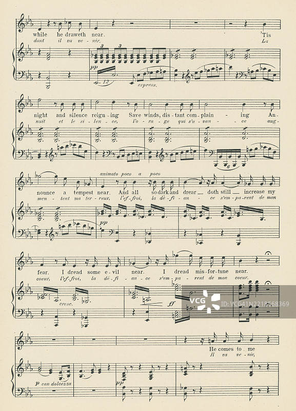 老版雕刻插图，展示了来自法兰西作曲家弗罗门塔尔·哈莱维（1799年5月27日 - 1862年3月17日）五幕大歌剧《犹太女》中的咏叹调《浪漫》的乐谱。图片素材