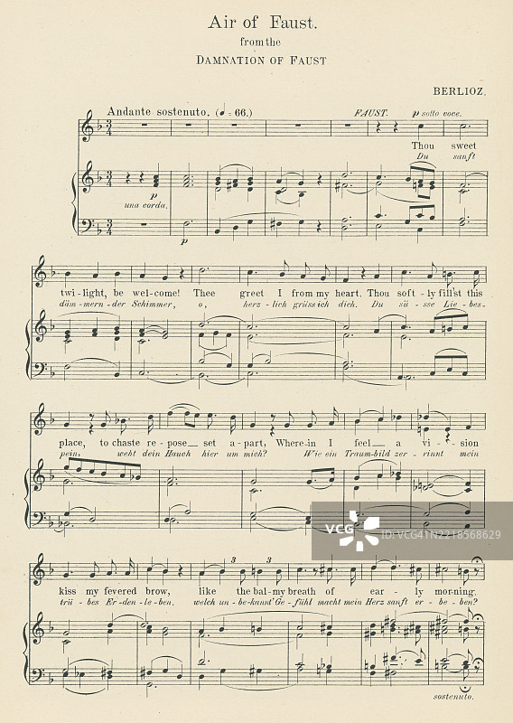 老版雕刻插图，展示了赫克托尔·柏辽兹（1803年12月11日 - 1869年3月8日）创作的《浮士德的诅咒》中的《浮士德之歌》的乐谱，这位法国浪漫主义作曲家和指挥家。图片素材
