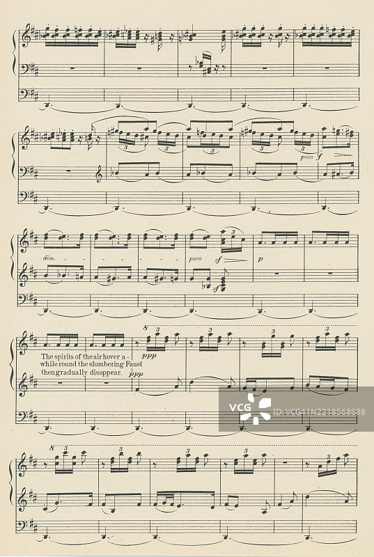 老版雕刻插图，展示了赫克托尔·柏辽兹（1803年12月11日 - 1869年3月8日）创作的《法斯特的诅咒》（La Damnation de Faust）中的“精灵的芭蕾”乐谱，柏辽兹是一位法国浪漫主义作曲家和指挥家。图片素材