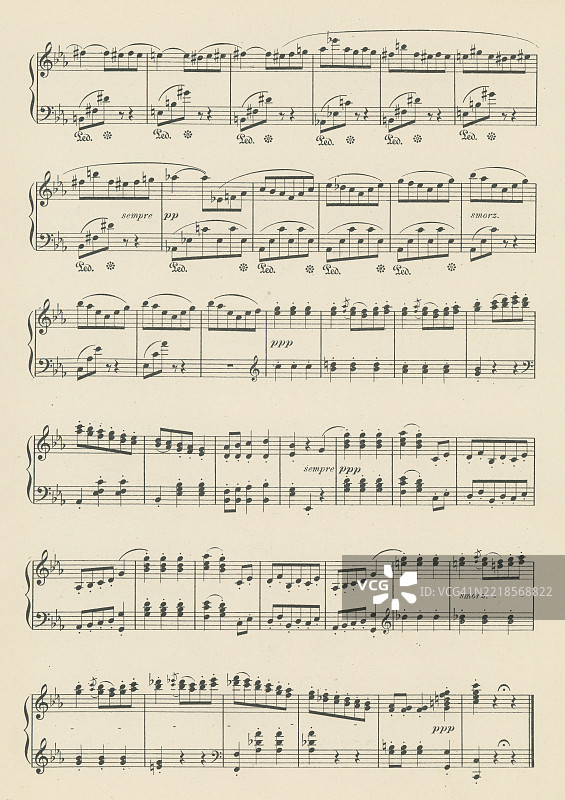 老版雕刻插图，展示了乔治·比才（1838年10月25日 - 1875年6月3日）创作的《阿尔勒人》间奏曲第一组中的《小步舞曲第一号》的乐谱，乔治·比才是浪漫主义时期的法国作曲家。图片素材