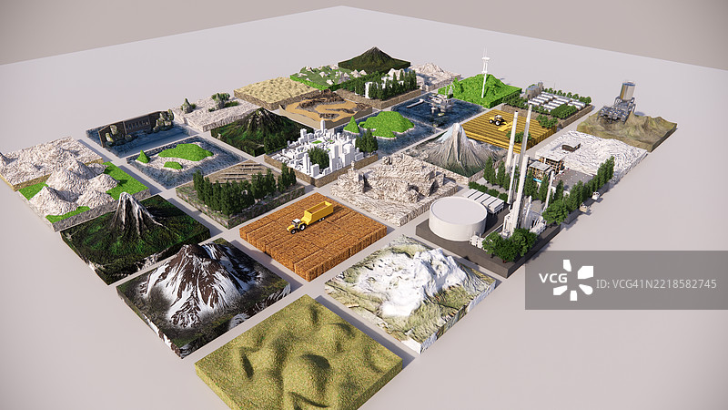 氢岛化学材料工厂。太阳能发电。氢气站3D渲染，风力涡轮机。大坝和瀑布或自然水源用于生产。能源之城。图片素材