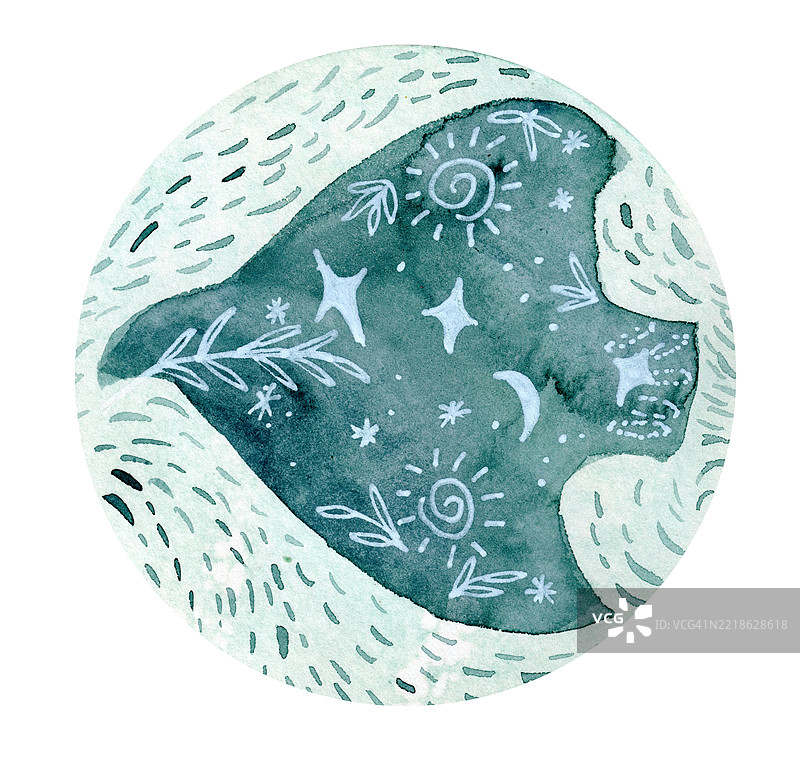 概念水彩圆形，飞翔的鸟与天体符号图片素材