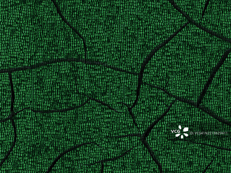 被黑客攻击破坏的电脑显示器屏幕，显示着数字代码的裂纹和破损。图片素材