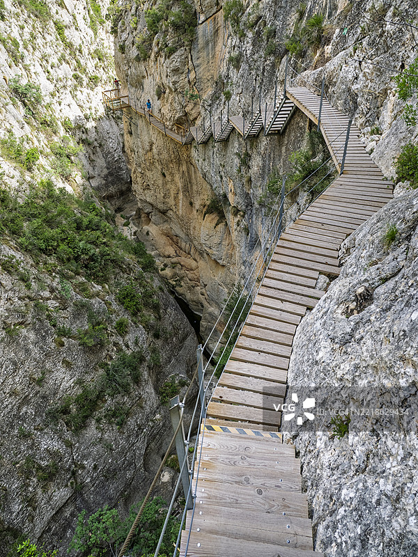 冒险旅游，高海拔峡谷中的木栈道，雷尔尤吊桥。图片素材