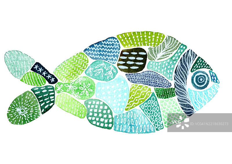 水彩抽象鱼插图，带有蓝绿色形状和线条图案图片素材