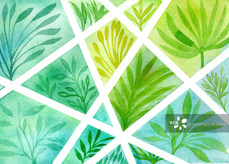 网格中的绿色叶子抽象水彩画图片素材
