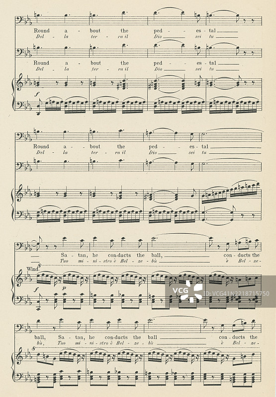 老版雕刻插图，展示了歌剧《浮士德》中“金牛之歌”（Le veau d'or）的乐谱，作曲家为法国作曲家查尔斯·古诺（1818年6月17日 - 1893年10月18日），这是一部五幕的大型歌剧。图片素材