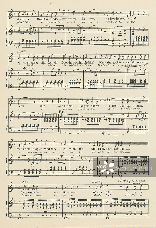 老版雕刻插图，展示了查尔斯·古诺（1818年6月17日 - 1893年10月18日）创作的五幕大歌剧《浮士德》中二重唱《时光已晚》的乐谱。图片素材