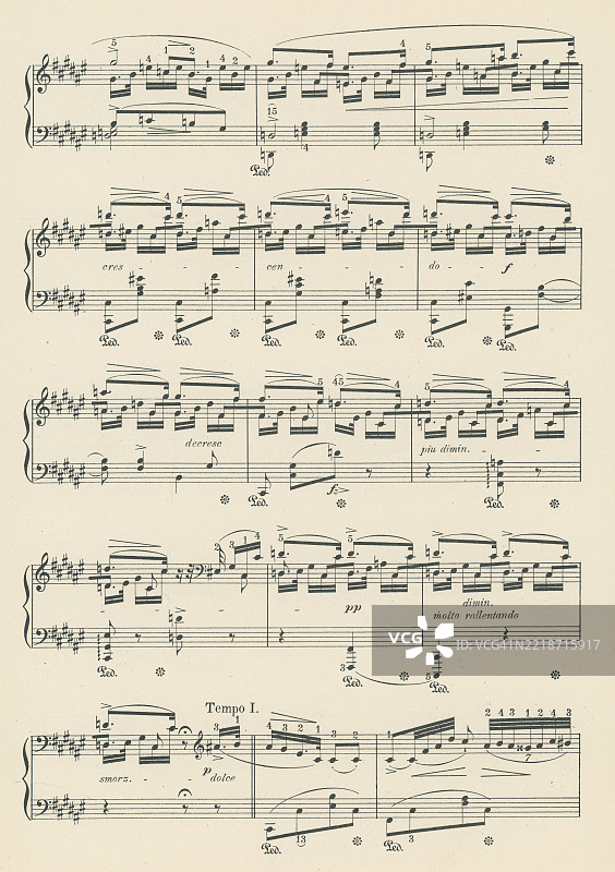 老版雕刻插图，展示了弗雷德里克·肖邦（1810年3月1日 - 1849年10月17日）创作的《夜曲》，作品15，第2号，适用于独奏钢琴。肖邦是一位波兰作曲家和浪漫主义时期的钢琴演奏家，主要为独奏钢琴创作。图片素材