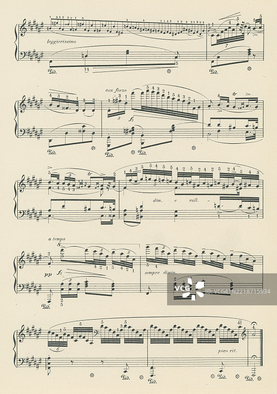 老版雕刻插图，展示了弗雷德里克·肖邦（1810年3月1日 - 1849年10月17日）创作的《夜曲》，作品15，第2首，适用于独奏钢琴。肖邦是一位波兰作曲家和浪漫主义时期的杰出钢琴家，主要为独奏钢琴创作。图片素材