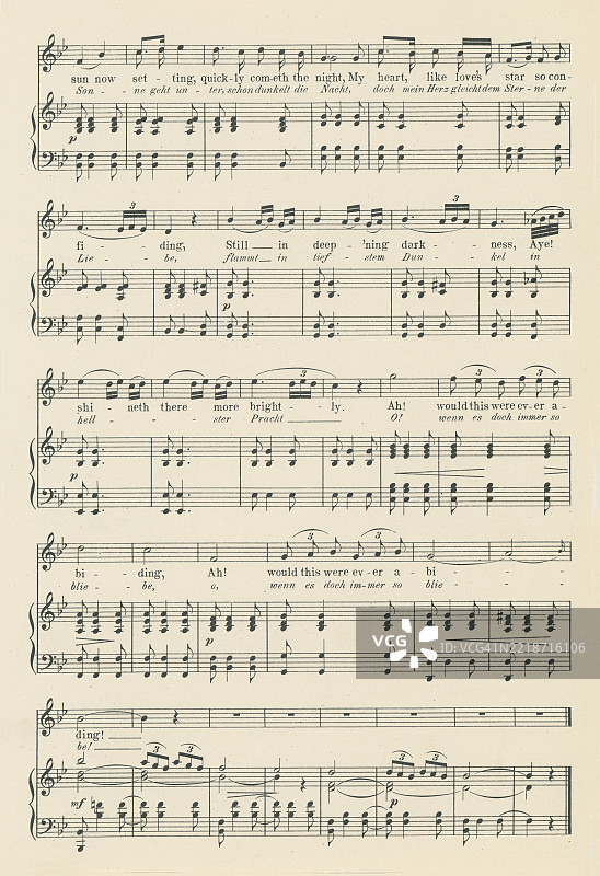 古老的雕刻插图，展示了安东·鲁宾斯坦（1829-1894）创作的歌曲《金色的卷轴在我身下》的乐谱，他是一位俄罗斯钢琴家、作曲家和指挥家，创办了圣彼得堡音乐学院。图片素材